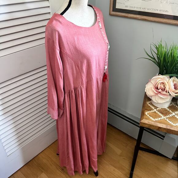 LA FILLE Womens Dress 5X Pink Long Sleeve Shift Midi Bohemian Festival Chic - Picture 4 of 13